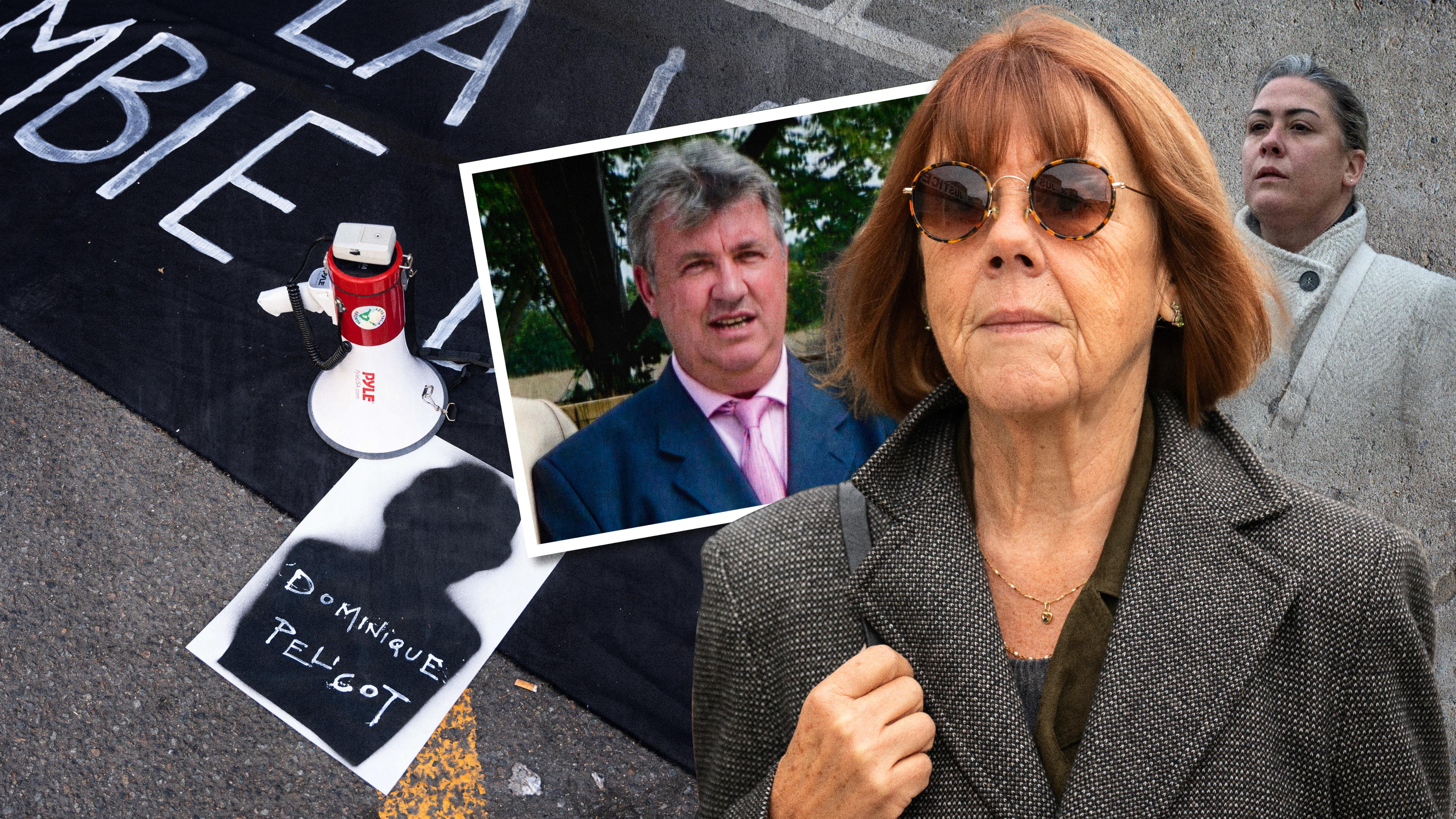 Im Vordergrund Gisèle Pelicot mit Sonnenbrille, rechts hinter ihr ihre Tochter. Links dahinter das Bild von Dominique Pelicot, im Hintergrund Fahnen und Poster von einer Kundgebung, die auf dem Boden liegen