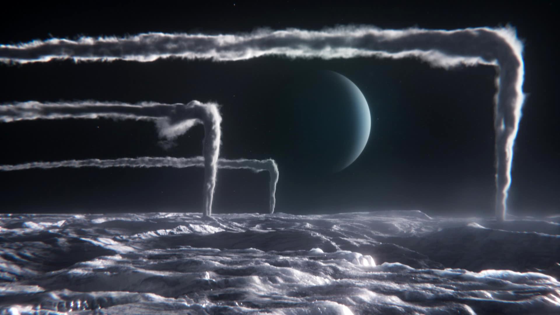 Computeranimiertes Bild der Oberfläche eines Himmelskörpers mit Wolkenfahnen, die auf einer bestimmten Höhe um 90 Grad abknicken, im Hintergrund eine blaue Kugel.