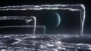 Computeranimiertes Bild der Oberfläche eines Himmelskörpers mit Wolkenfahnen, die auf einer bestimmten Höhe um 90 Grad abknicken, im Hintergrund eine blaue Kugel.