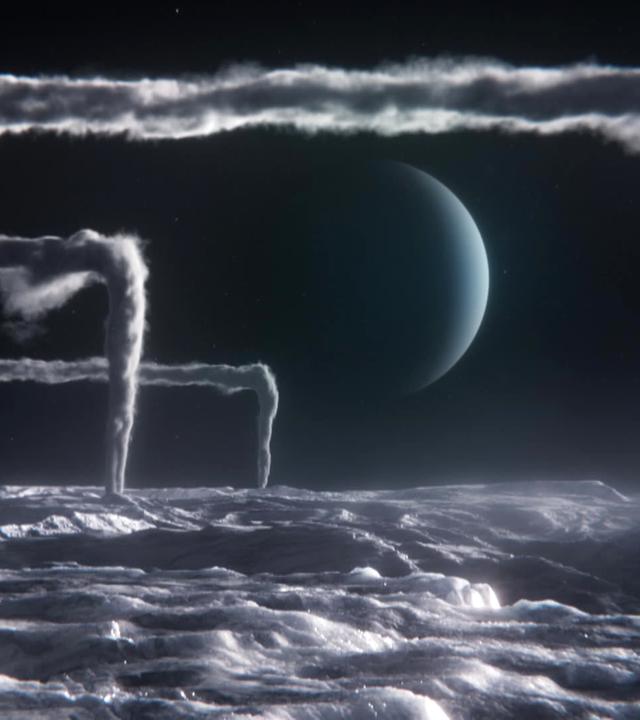 Computeranimiertes Bild der Oberfläche eines Himmelskörpers mit Wolkenfahnen, die auf einer bestimmten Höhe um 90 Grad abknicken, im Hintergrund eine blaue Kugel.