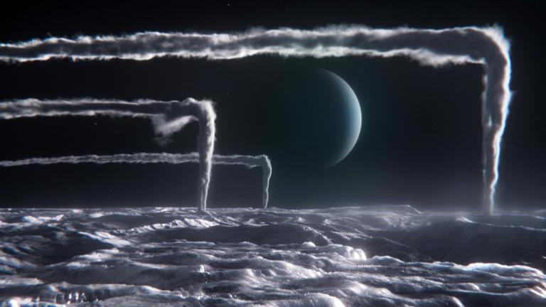 Computeranimiertes Bild der Oberfläche eines Himmelskörpers mit Wolkenfahnen, die auf einer bestimmten Höhe um 90 Grad abknicken, im Hintergrund eine blaue Kugel.