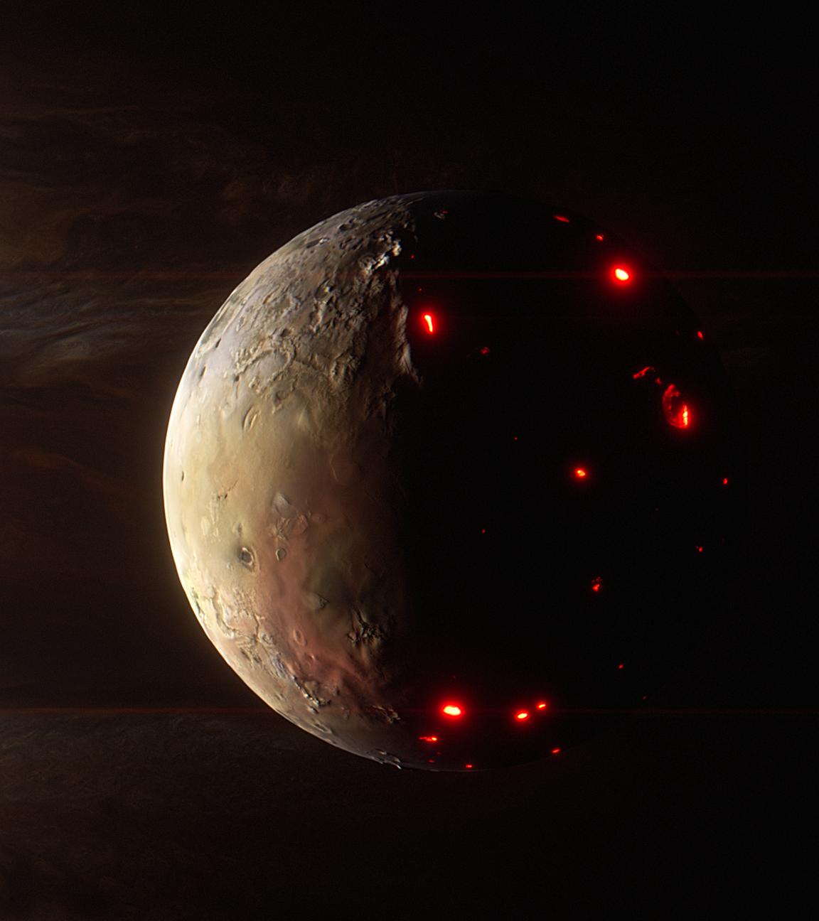 Computeranimiertes Bild eines kleinen Himmelskörpers, auf dessen Oberfläche leuchtend rote Flecken zu sehen sind, im Hintergrund ein größerer Körper mit verschiedenfarbigen Wolkenstreifen