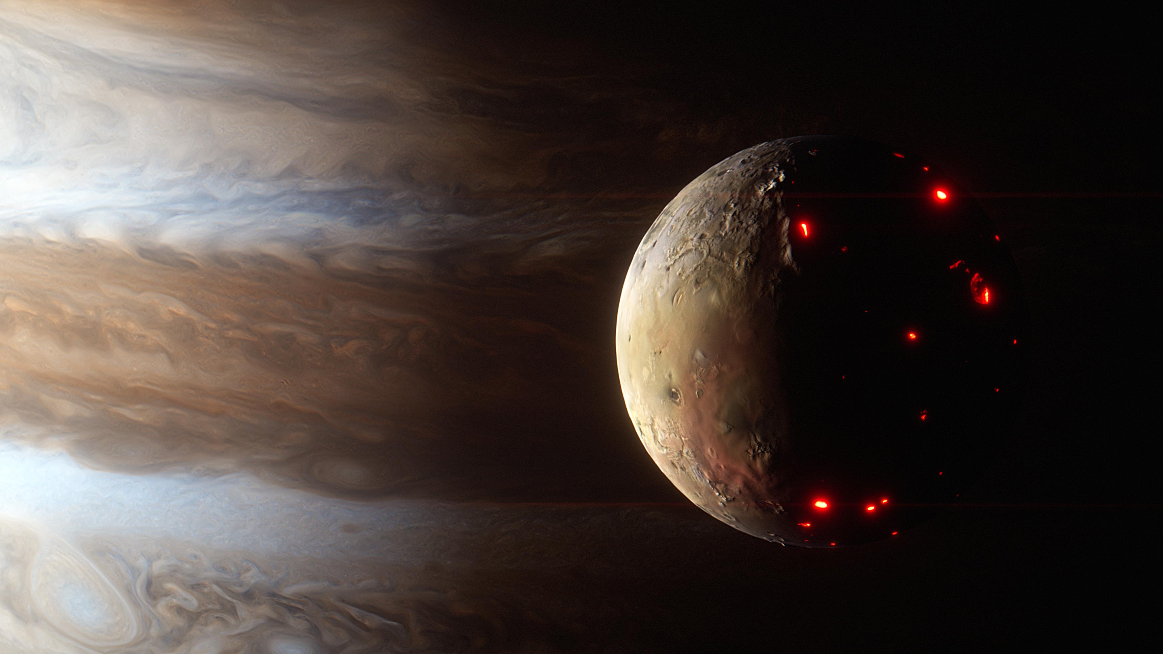 Computeranimiertes Bild eines kleinen Himmelskörpers, auf dessen Oberfläche leuchtend rote Flecken zu sehen sind, im Hintergrund ein größerer Körper mit verschiedenfarbigen Wolkenstreifen