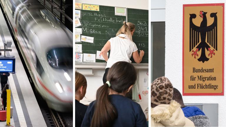 Der Zug symbolisiert das Thema Verkehr. Eine Lehrerin an der Tafel symbolisiert das Thema Bildung. Der Schriftzug vom Bundesamt für Migration und Flüchtlinge symbolisiert das Thema Zuwanderung.