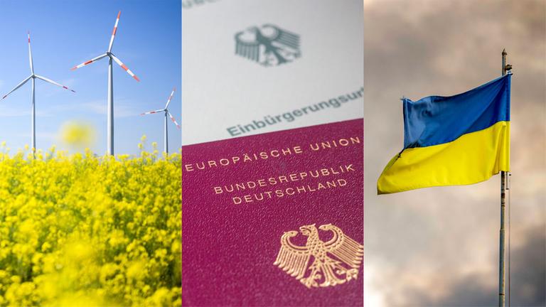 Windräder auf einem Feld symbolisieren das Thema Energie. Ein Reisepass auf einer Einbürgerungsurkunde symbolisiert das Thema Migration. Die wehende Flagge der Ukraine symbolisiert den Ukraine-Krieg.