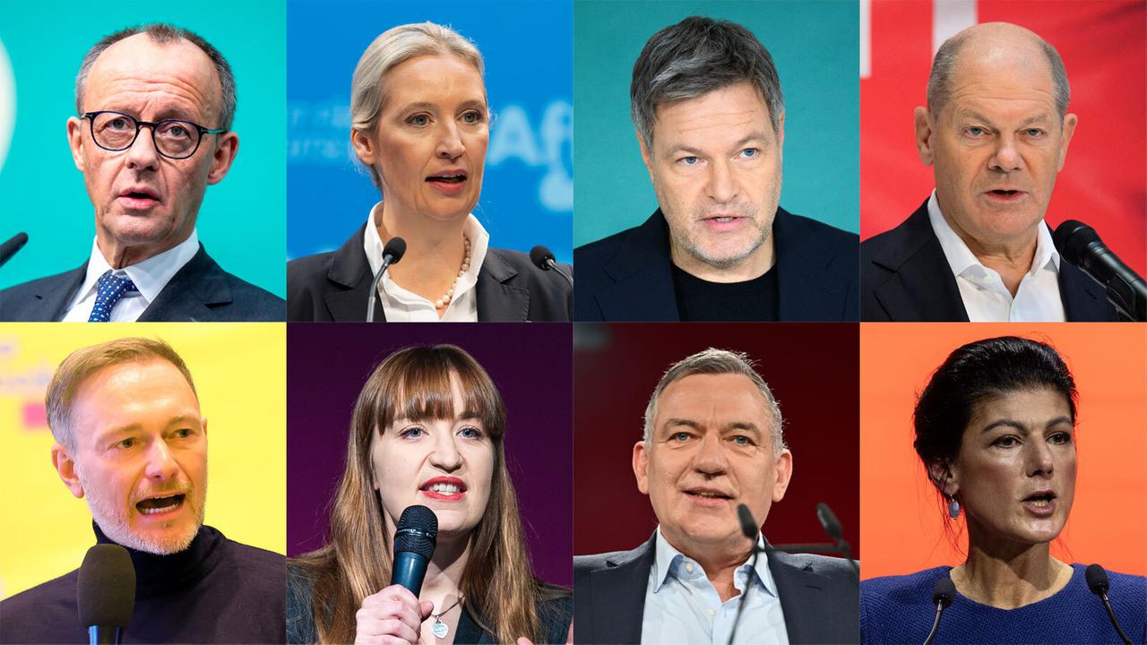 Das sind die Spitzenkandidaten von den Parteien. Oben von links nach rechts: Friedrich Merz, Alice Weidel, Robert Habeck und Olaf Scholz. Unten von links nach rechts: Christian Lindner, Heidi Reichinnek, Jan van Aken und Sahra Wagenknecht.