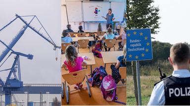 Ein Verladekran symbolisiert das Thema Wirtschaft. Ein Klassenzimmer mit Schülern und Lehrerin symbolisiert das Thema Bildung. Ein deutscher Polizist an einer Grenze symbolisiert das Thema Migration. 