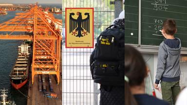 Ein Containerhafen symbolisiert das Thema Wirtschaft. Der Bundesadler mit einem Schriftzug symbolisiert das Thema Migration. Ein Schüler an der Tafel symbolisiert das Thema Bildung.