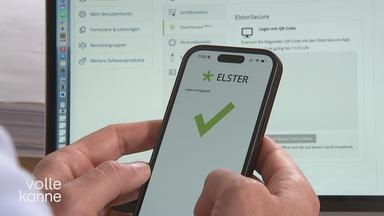 Auf dem Smartphone ist die App einfachELSTERplus geöffnet.