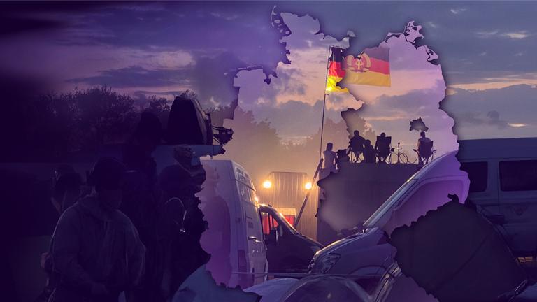 Symbolbild: Eine aufgehende Sonne, davor einige Menschen und Autos im Halbdunkel, einige davon auf dem Rest der Berliner Mauer sitzend. Darüber liegend der Umriss eines zweigeteilten Deutschlands.