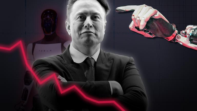 Eine Collage zeigt Elon Musk, eine fallende Aktienkurve sowie durch KI gesteuerte Roboter