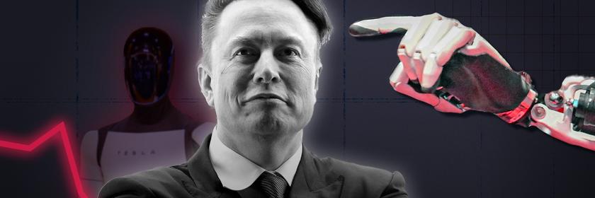 Eine Collage zeigt Elon Musk, eine fallende Aktienkurve sowie durch KI gesteuerte Roboter