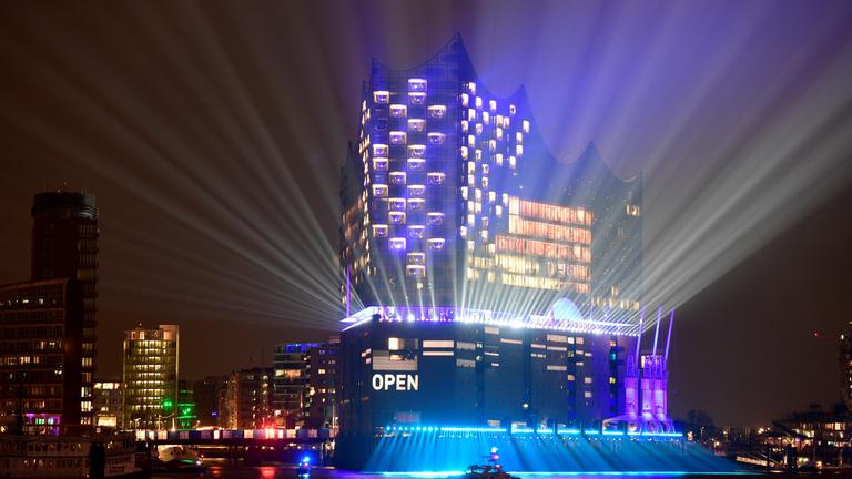 the new philharmonic hall elbphilharmonie is illuminated during its opening ceremony in hamburg