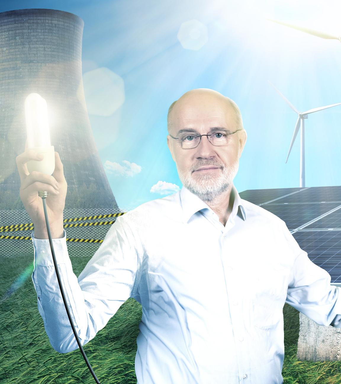 Harald Lesch vor Atommeilern, Photovoltaik und Windrädern