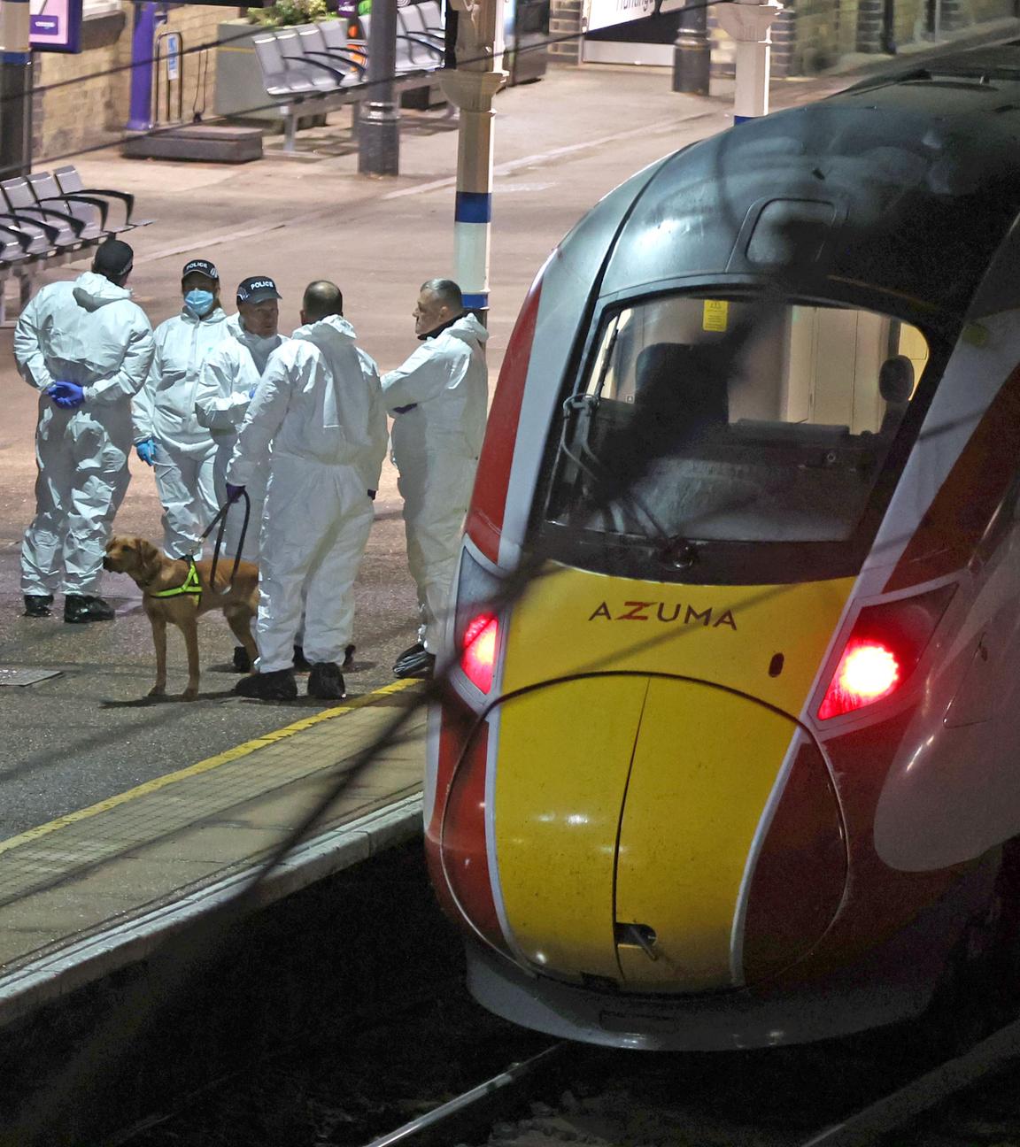Forensische Ermittler stehen auf dem Bahnsteig des Bahnhofs Huntingdon in Cambridgeshire. Mehrere Menschen solleb bei einem Angriff in einem Zug lebensgefährlich verletzt worden sein.