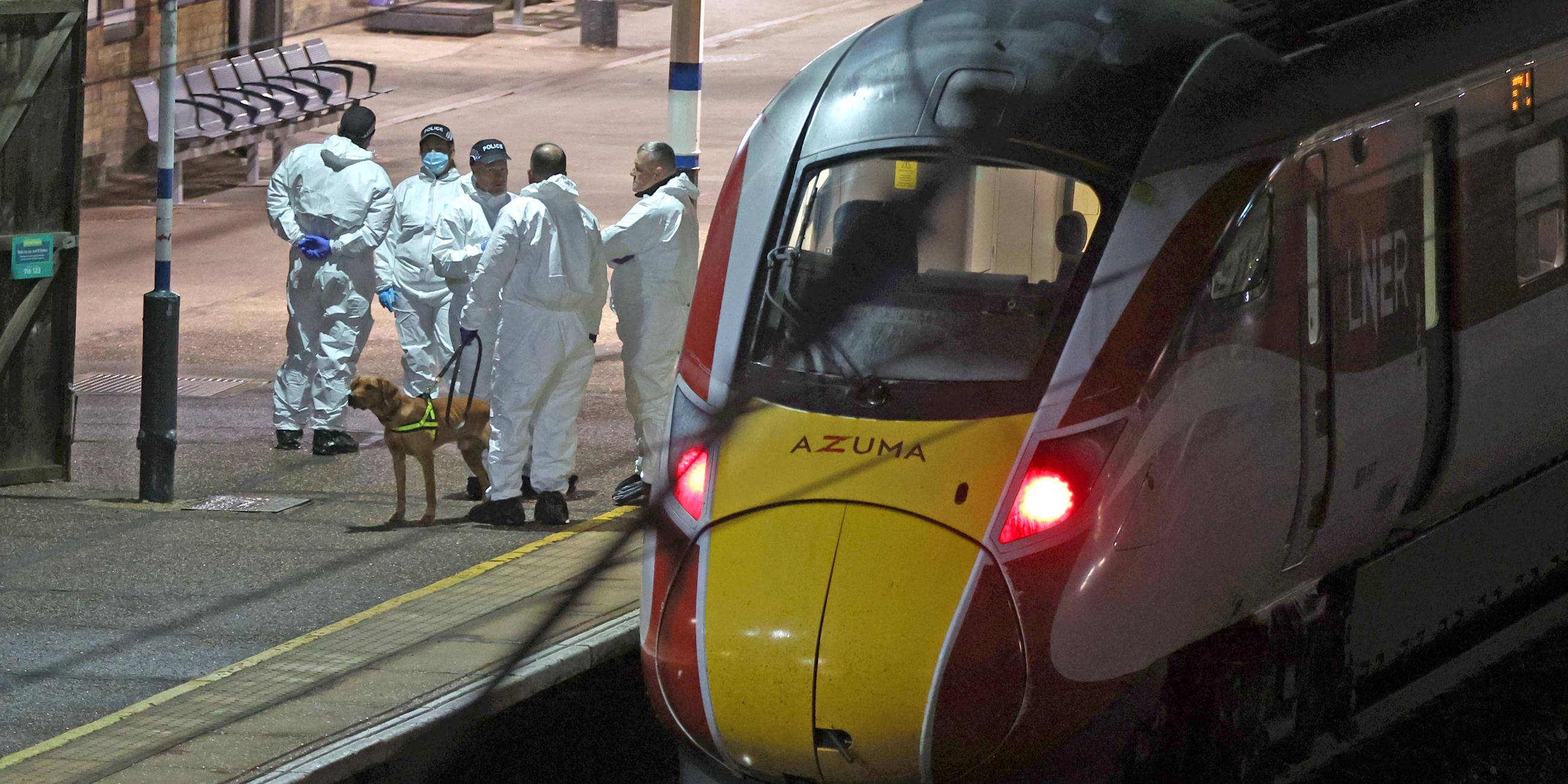 Forensische Ermittler stehen auf dem Bahnsteig des Bahnhofs Huntingdon in Cambridgeshire. Mehrere Menschen solleb bei einem Angriff in einem Zug lebensgefährlich verletzt worden sein.