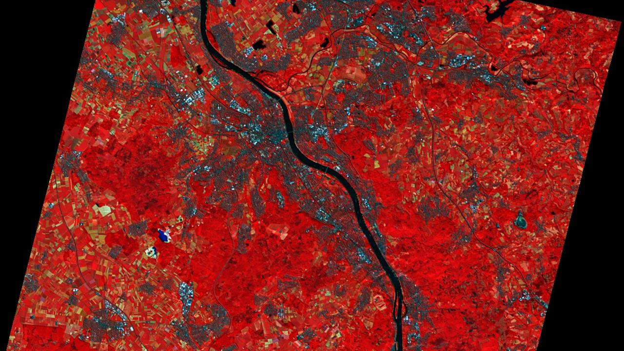 Satellitenbild von Bonn in ungewöhnlicher Färbung.