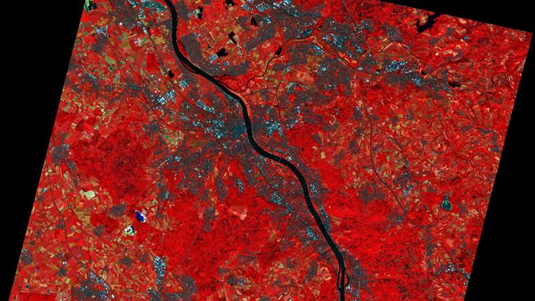 Satellitenbild von Bonn in ungewöhnlicher Färbung.