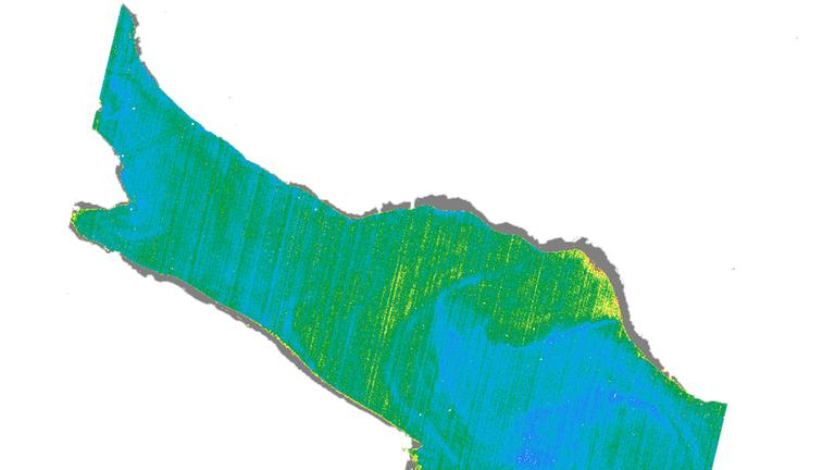 Satellitenaufnahme des Bodensees. Verschiedene Färbungen zeigen Chlorophyll-Konzentration.