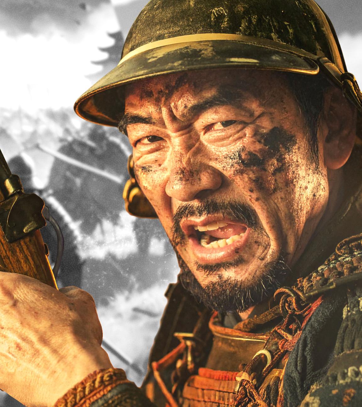 Portrait eines japanischen Kriegers aus dem 16.Jahrhundert, mit einer Akebuse in der Hand. Im Hintergrund eine Totale der Schlacht von Nagashino.