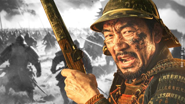 Portrait eines japanischen Kriegers aus dem 16.Jahrhundert, mit einer Akebuse in der Hand. Im Hintergrund eine Totale der Schlacht von Nagashino.
