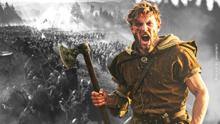 Portrait eines fränkischen Kriegers aus dem 5.Jahrhundert, der schreiend und mit einer Axt in der Hand auf den Betrachter zuläuft. Im Hintergrund eine Totale der Schlacht von Zülpich