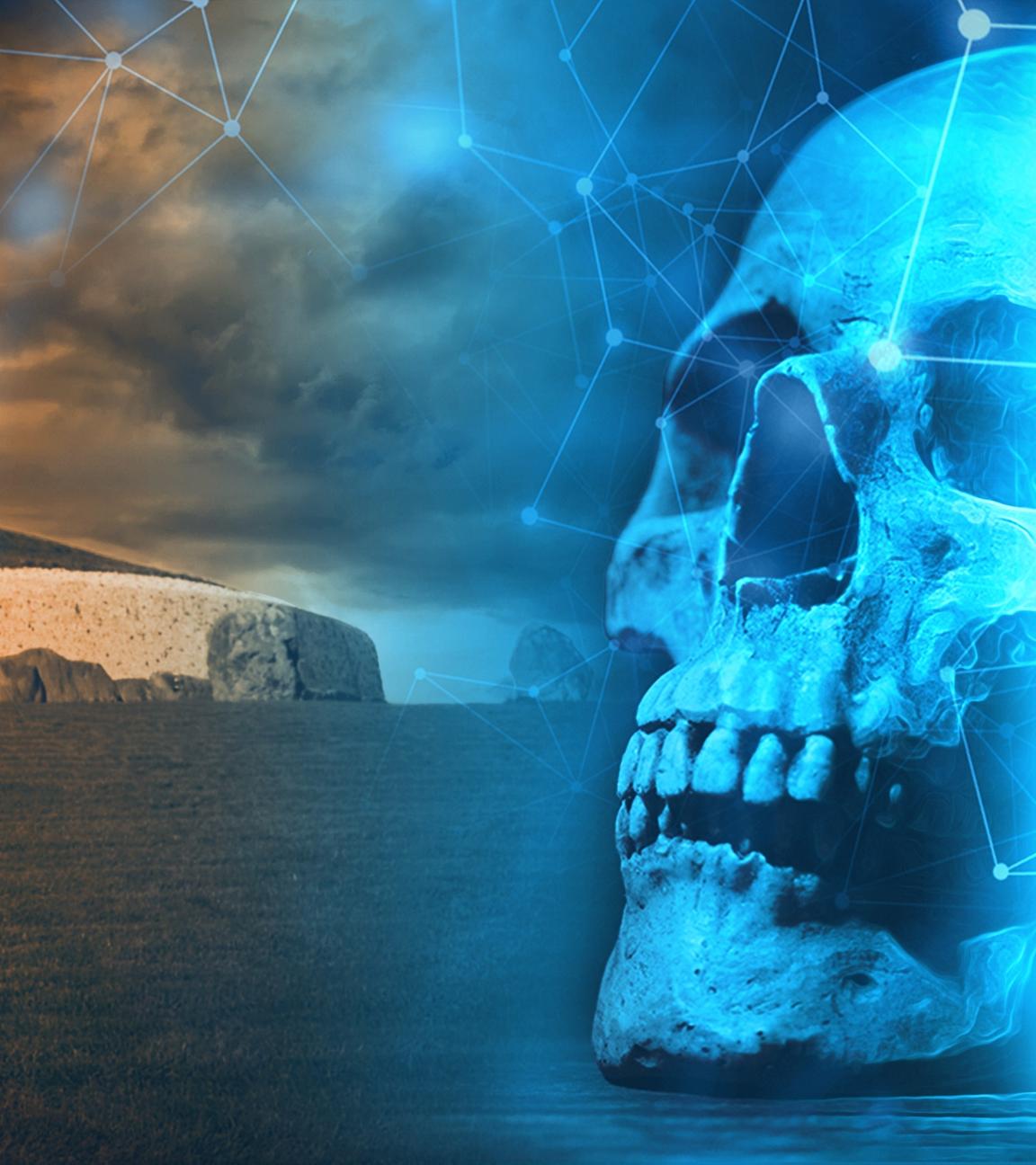 Ein gescannter Schädel mit einem Grabhügel im Hintergrund