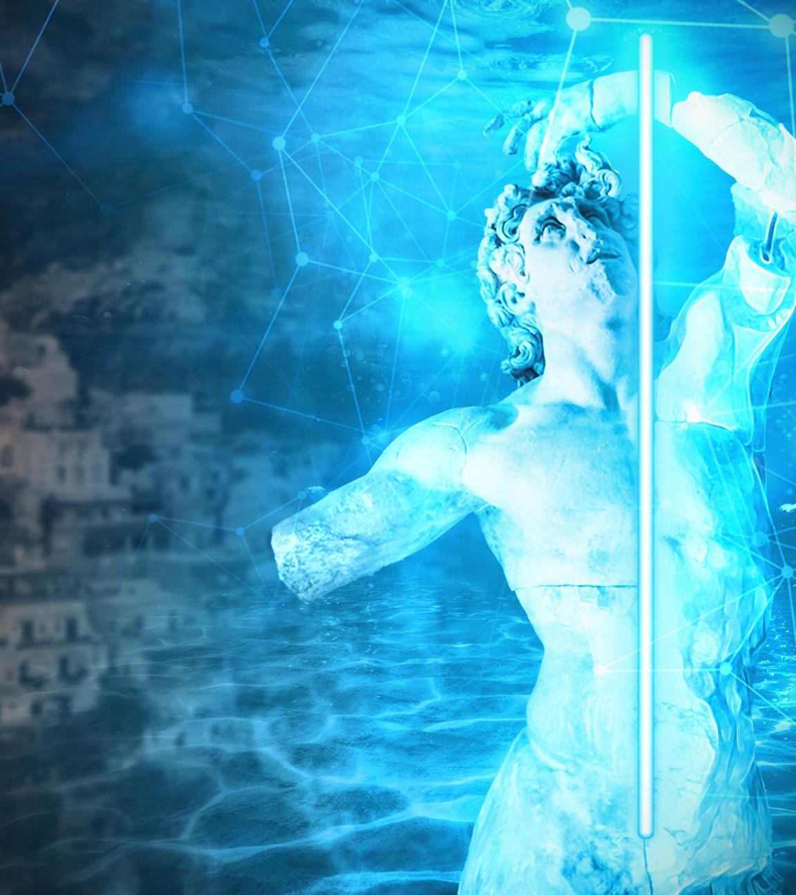 Gescannte antike Skulptur mit am Hügel liegender Stadt im Hintergrund