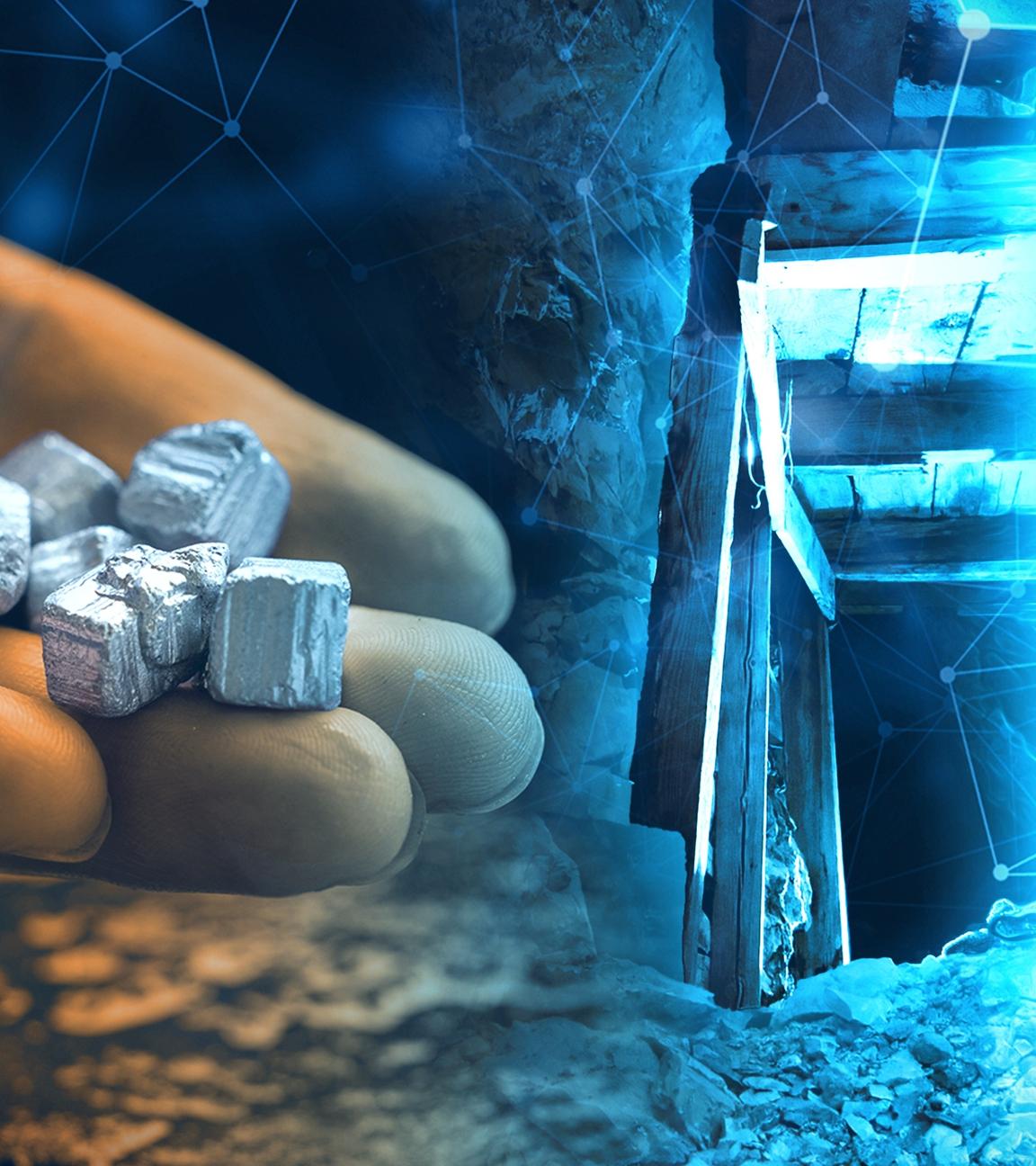 Gescannter Bergwerktunnel mit Hand, auf der Silberwürfel liegen