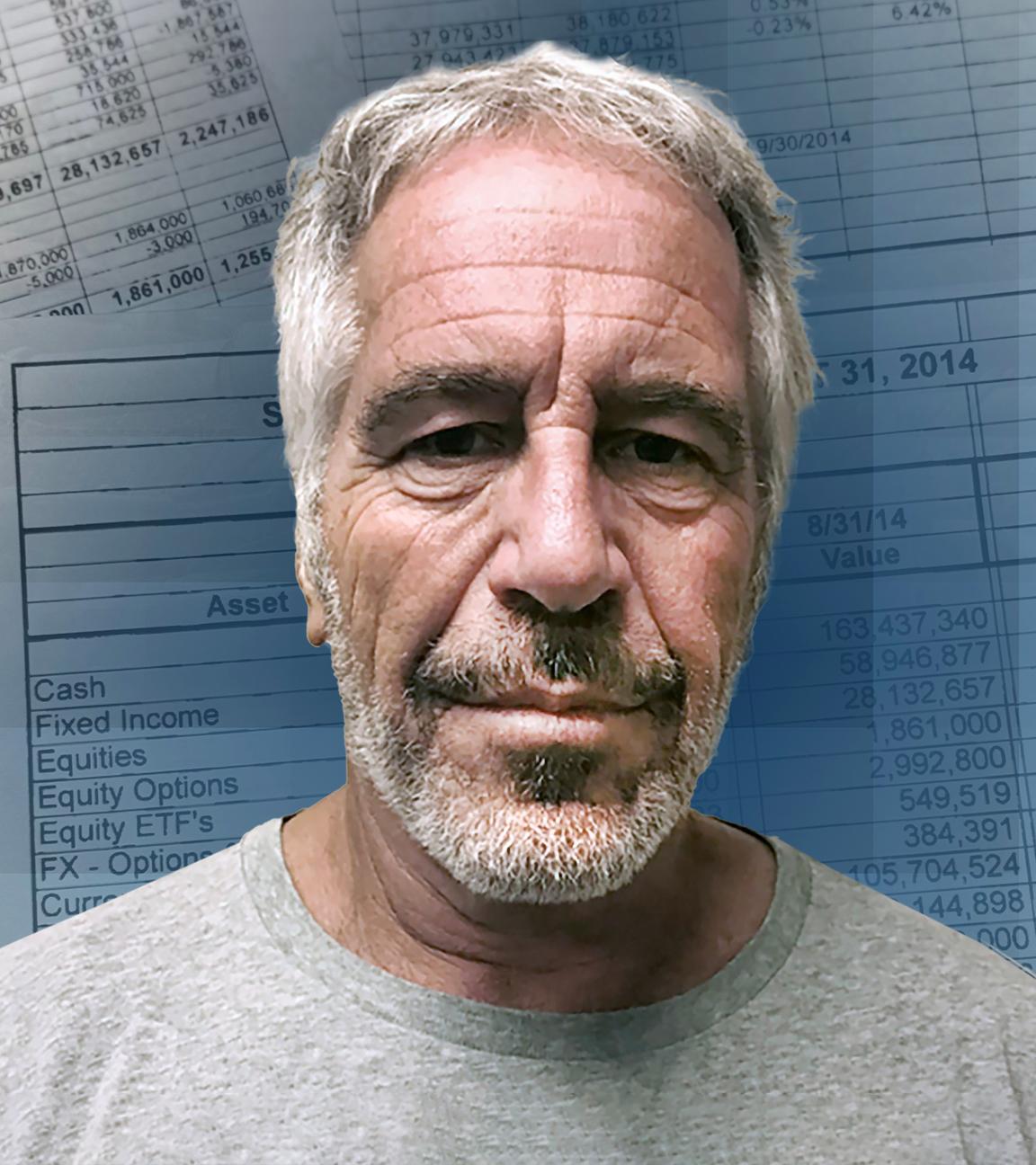 Sexualstraftäter Jeffrey Epstein, im Hintergrund Dokumente