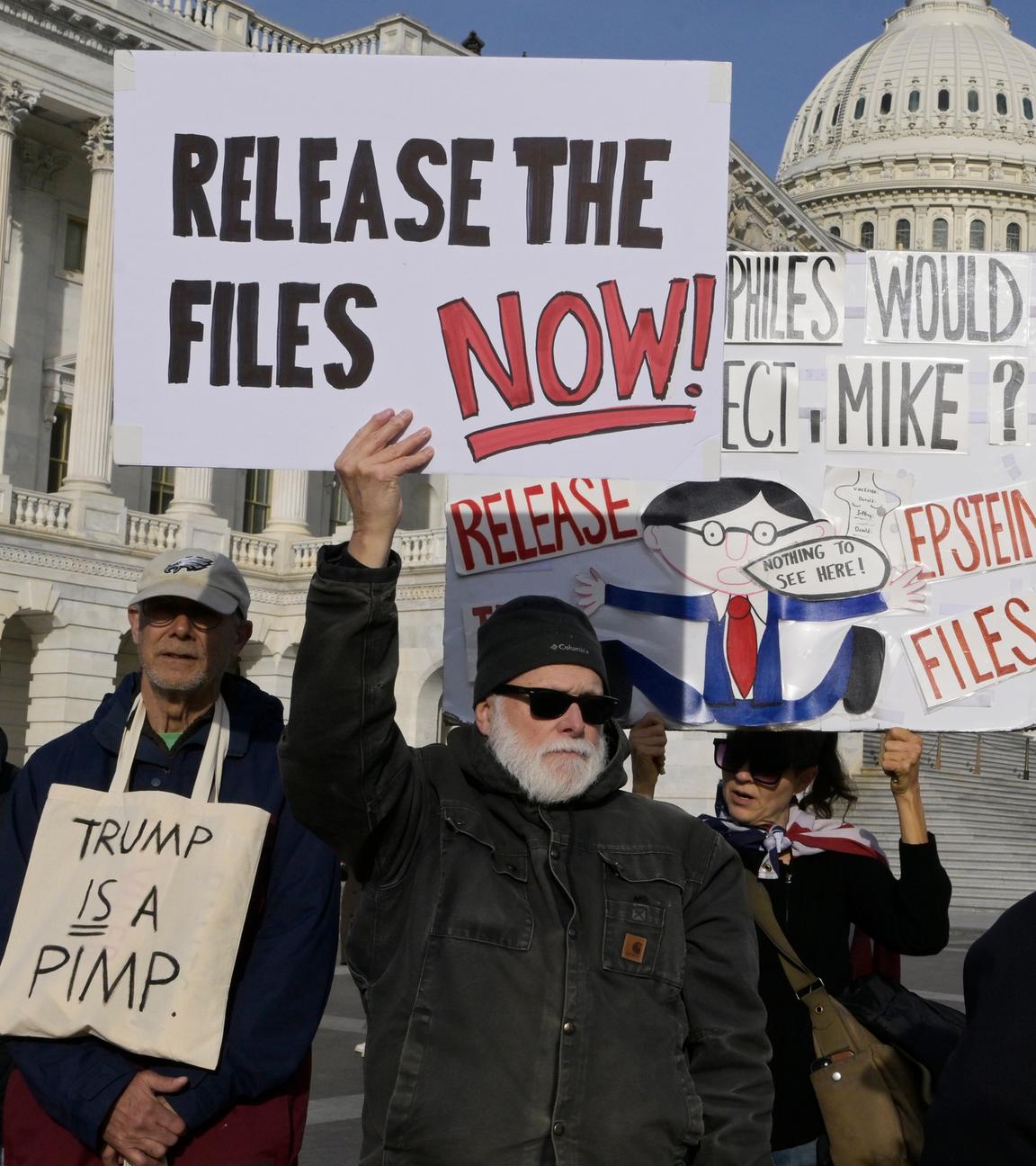 Protesitierende stehen vor dem Kapitol in Washington uund fordern die Freigabe der Epstein Akten