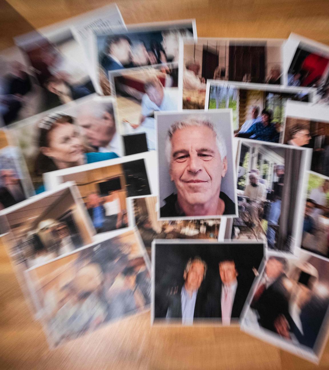 Ein Bilderhaufen, die meisten Bilder sind verschwommen bis auf das Bild von Epstein