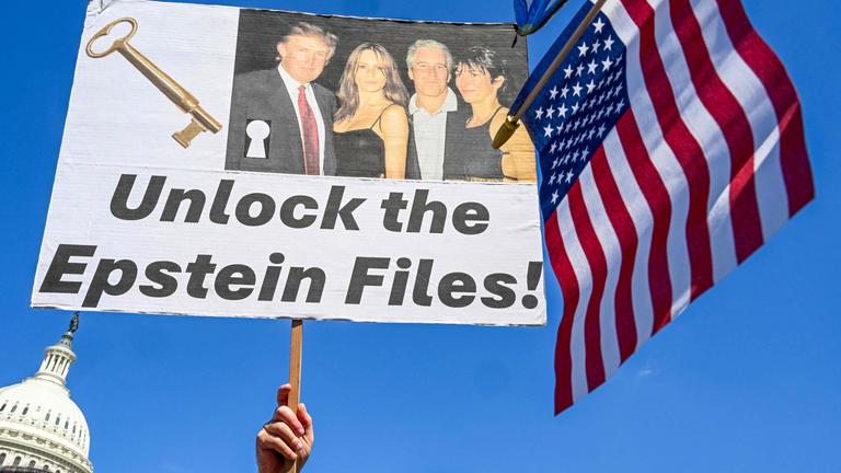 Ein Mann hält ein Schild mit der Aufschrift "Unlock the Epstein Files" hoch.