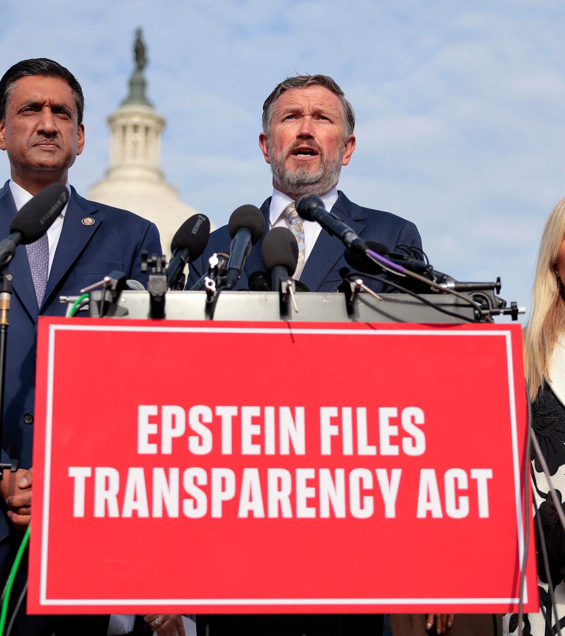U.S. Rep. Thomas Massie (R-KY) (C) speaks alongside U.S. Rep. Ro Khanna (D-CA) (L) and Rep. Marjorie Taylor Greene (R-GA) during a news conference on the Epstein Files Transparency Act outside the U.S. Capitol 