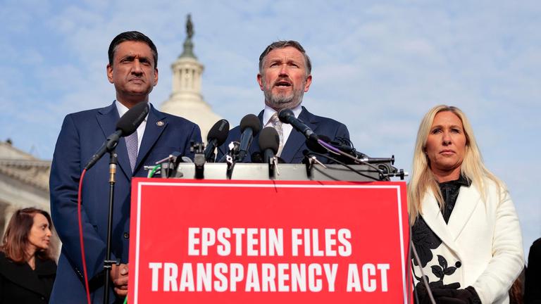 U.S. Rep. Thomas Massie (R-KY) (C) speaks alongside U.S. Rep. Ro Khanna (D-CA) (L) and Rep. Marjorie Taylor Greene (R-GA) during a news conference on the Epstein Files Transparency Act outside the U.S. Capitol 