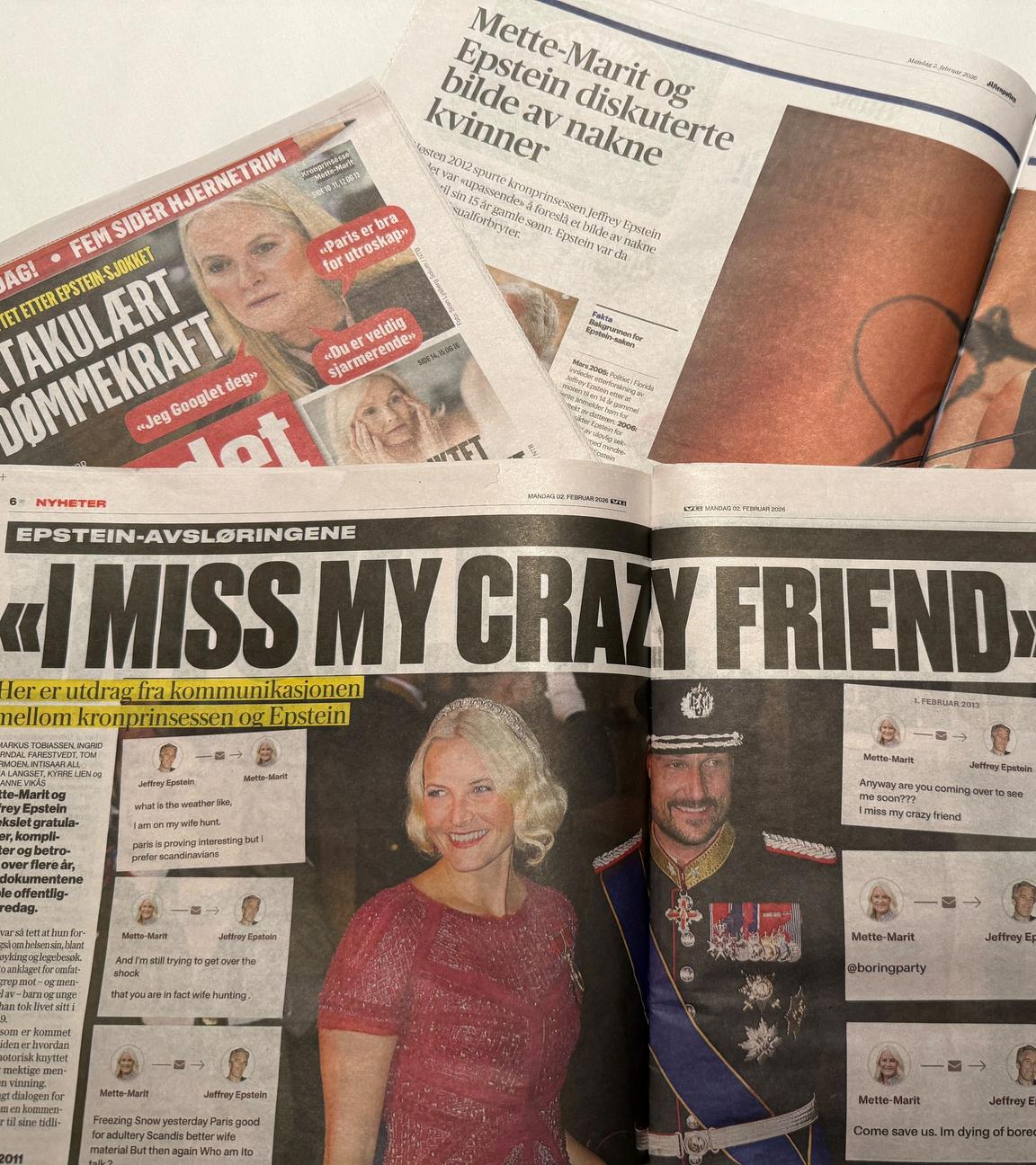 Norwegische Zeitung mit der Headline "I miss my crazy friend"