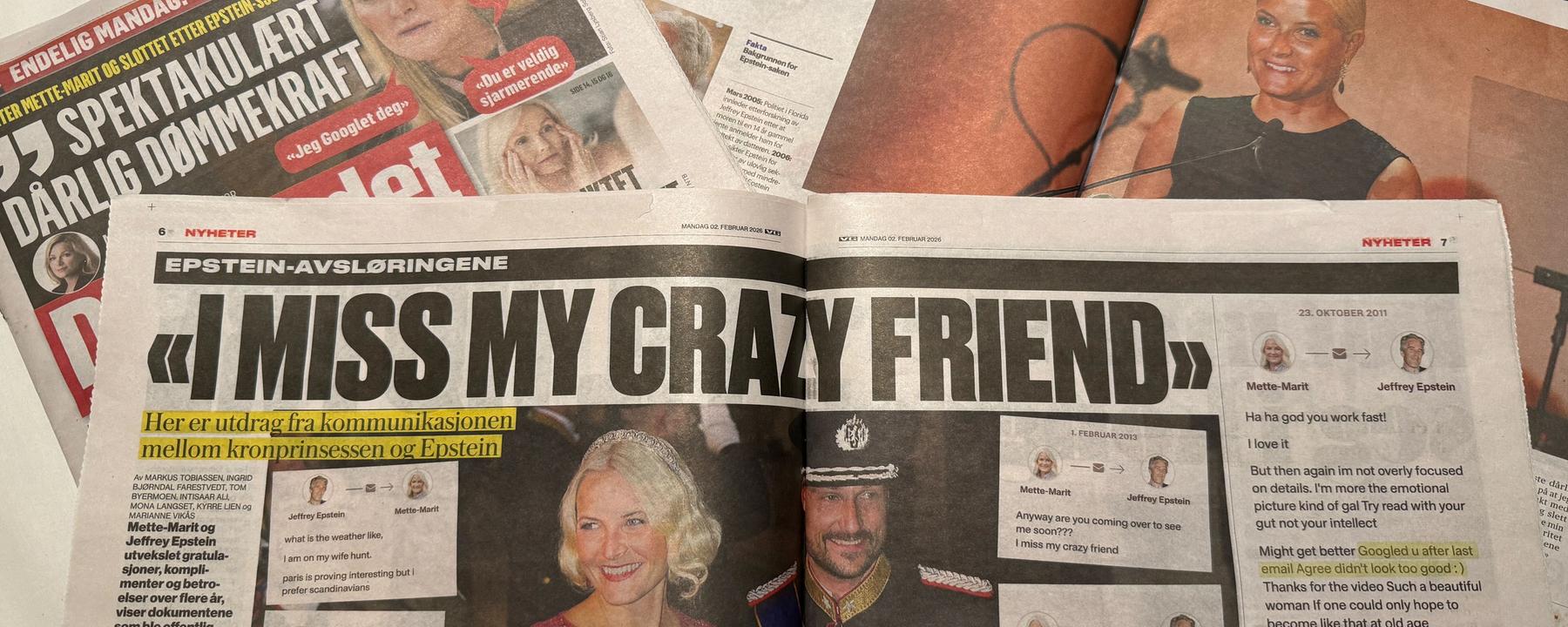Norwegische Zeitung mit der Headline "I miss my crazy friend"
