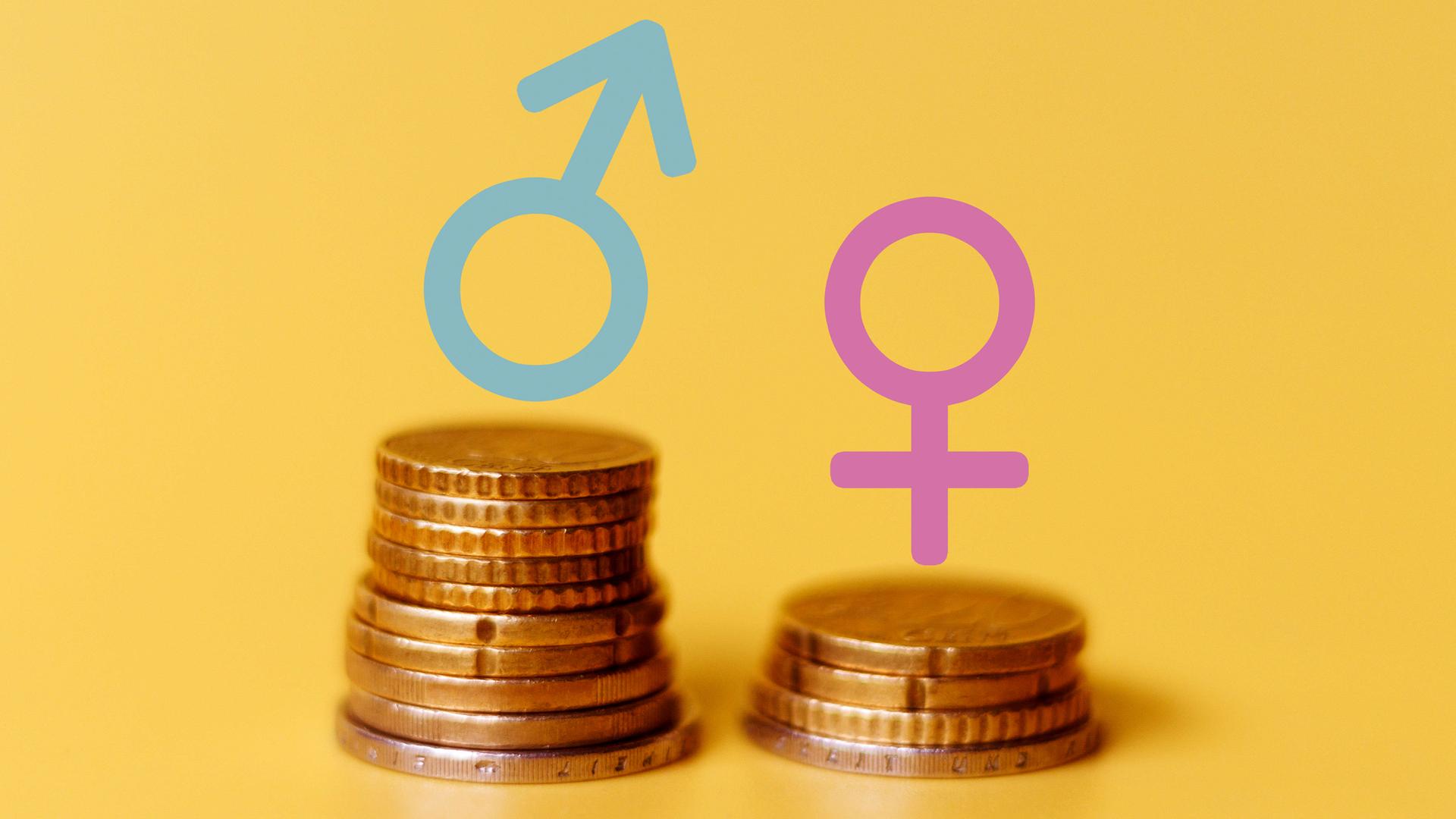 Symbolbild: Zwei unterschiedlich Stapel Euro-Münzen jeweils mit Symbold Mann bzsw. Frau auf gelbem Hintergrund