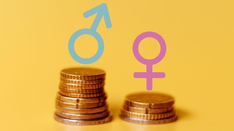 Symbolbild: Zwei unterschiedlich Stapel Euro-Münzen jeweils mit Symbold Mann bzsw. Frau auf gelbem Hintergrund