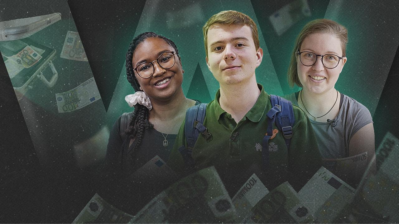 Kassandra, Christian und Heike mit Geldscheinen im Vordergrund