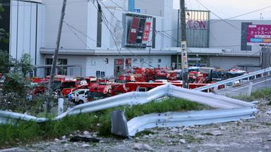 Ansicht des schwer beschädigten Gebäudes der Aeon Mall Kumamoto in Kashima, Präfektur Kumamoto, im Südwesten Japans, am 29. Juli 2026.