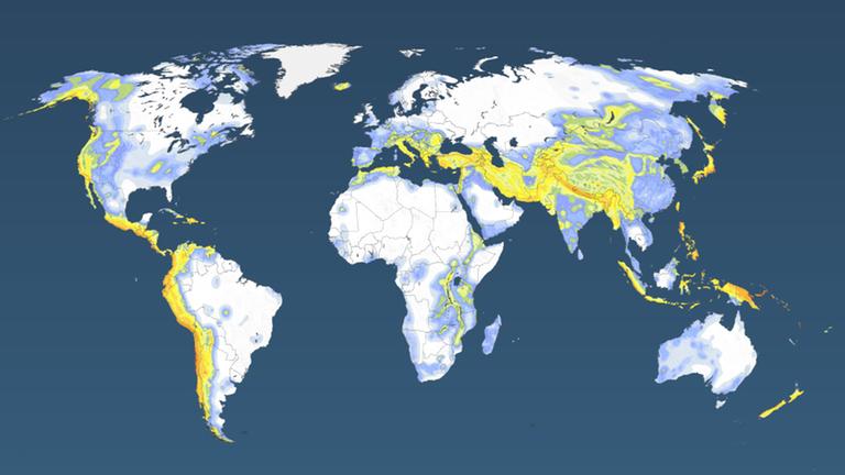 Die Weltkarte zeichnet die Erdbebengebiete der Erde aus. Besonders die amerikanische Pazifikküste sowie Japan, Neuseeland, Neuguinea und Zentralasien sind gefährdet.