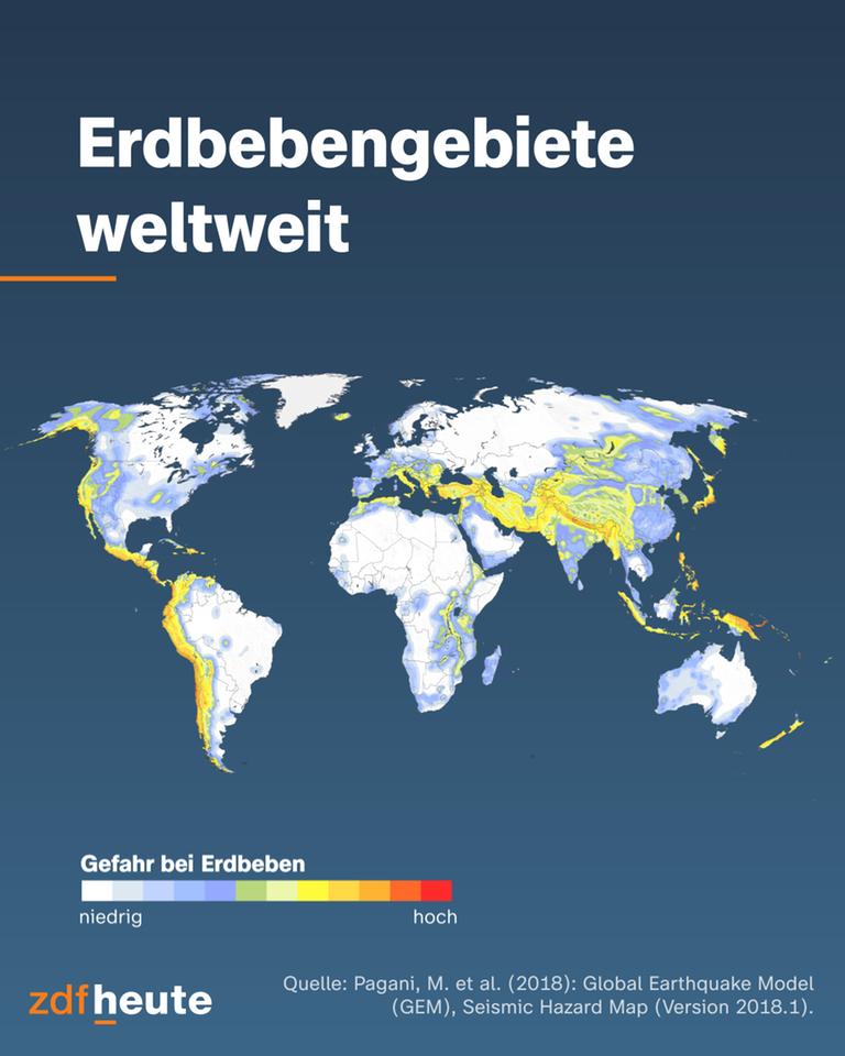 Die Weltkarte zeichnet die Erdbebengebiete der Erde aus. Besonders die amerikanische Pazifikküste sowie Japan, Neuseeland, Neuguinea und Zentralasien sind gefährdet.