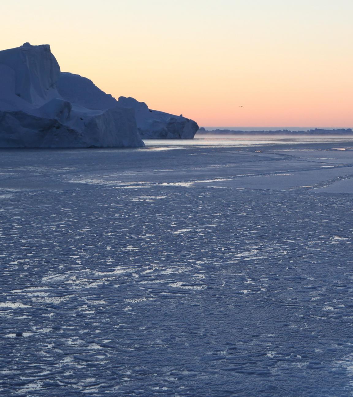 Ein Eisbrecher hat sich den Weg durch den teils zugefrorenen Ilulissat-Eisfjord bei Grönland gebahnt. 