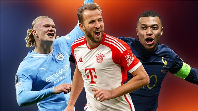 Montage der Fußballer Erling Haaland, Harry Kane und Kylian Mbappe