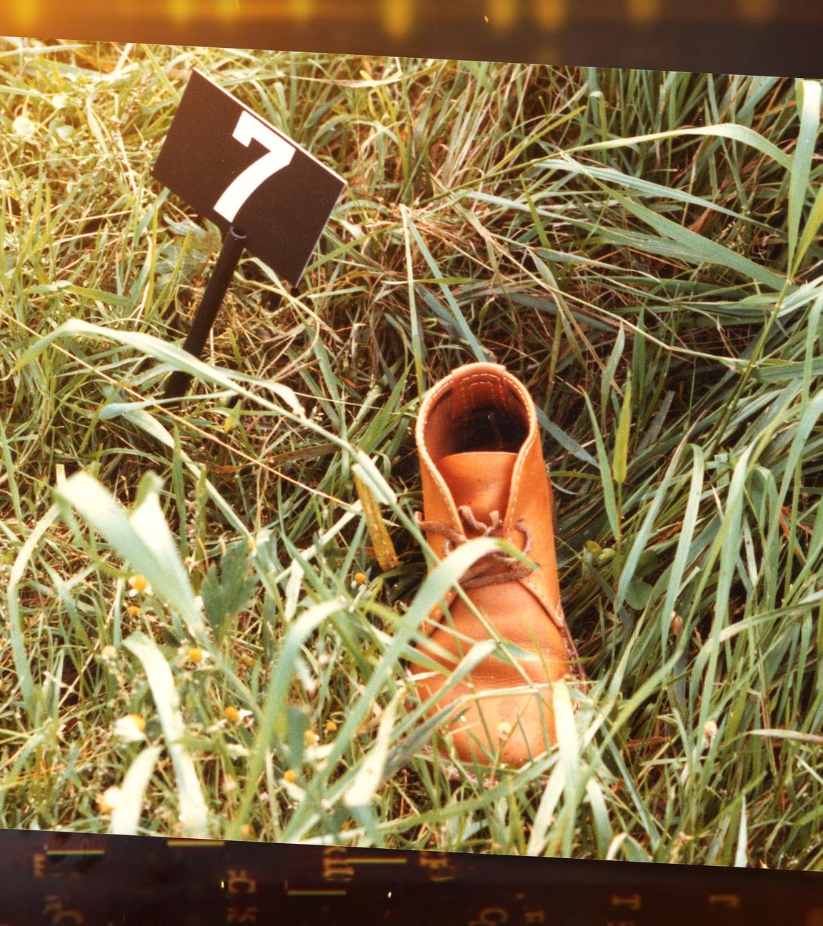 Auf dem Foto ist in der Bildmitte ein brauner Lederschuh zu erkennen. Die braunen Schnürsenkel sind geöffnet, der Schuh liegt mitten im Gras, einzelne Halme ragen über das braune Leder. Links neben dem Schuh hat die Spurensicherung ein schwarzes Schild ins Gras gesteckt. Darauf ist in weisser Farbe die Zahl sieben zu erkennen. Es handelt sich vermutlich um den siebten Gegenstand, der damals von der Polizei im Gras entdeckt worden war.