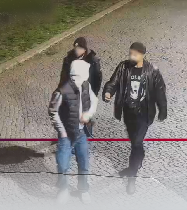 Bild aus einer Überwachungskamera in einem Park zeigt drei Männer auf einem Weg. Die Gesichter wurden technisch verfremdet.