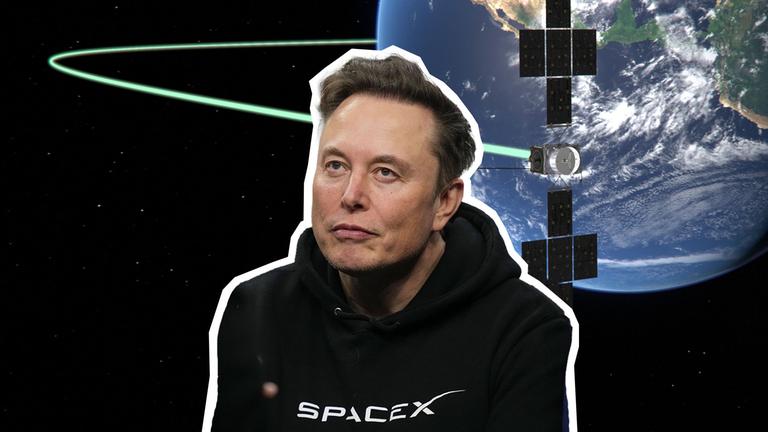 Ein Satellit kreist im Weltall um die Erde.