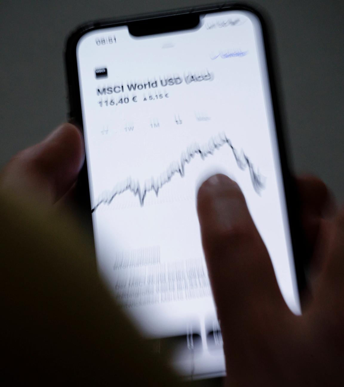 Der Kursverlauf des MSCI World wird in einem Neobroker auf einem Smartphone angezeigt.
