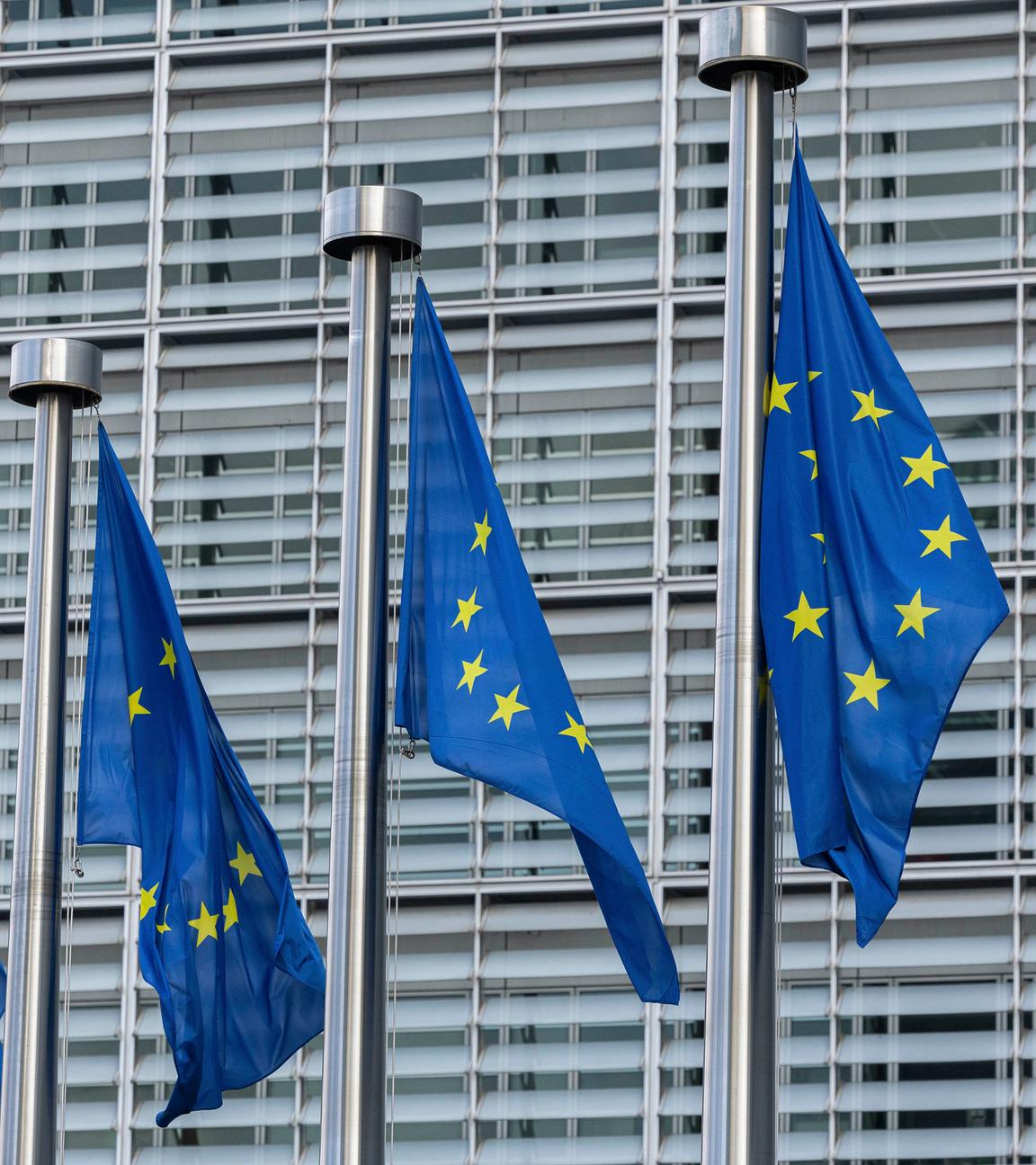 Europäische Fahnen vor einem Gebäude der europäischen Union
